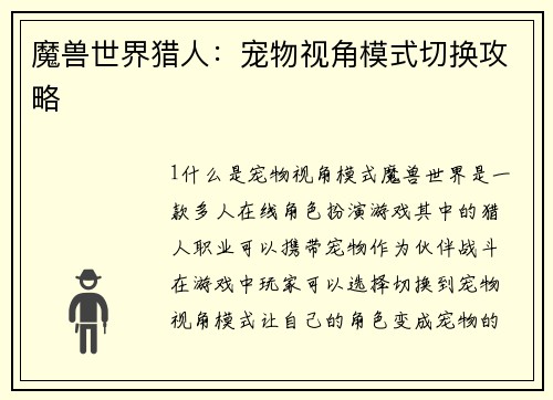 魔兽世界猎人：宠物视角模式切换攻略